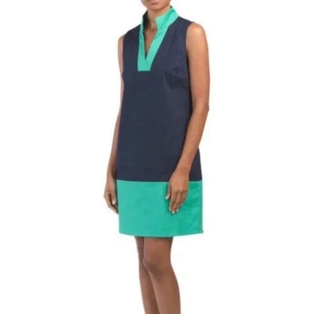 SAIL TO SABLE navy green color block v-neck tunic dress size S